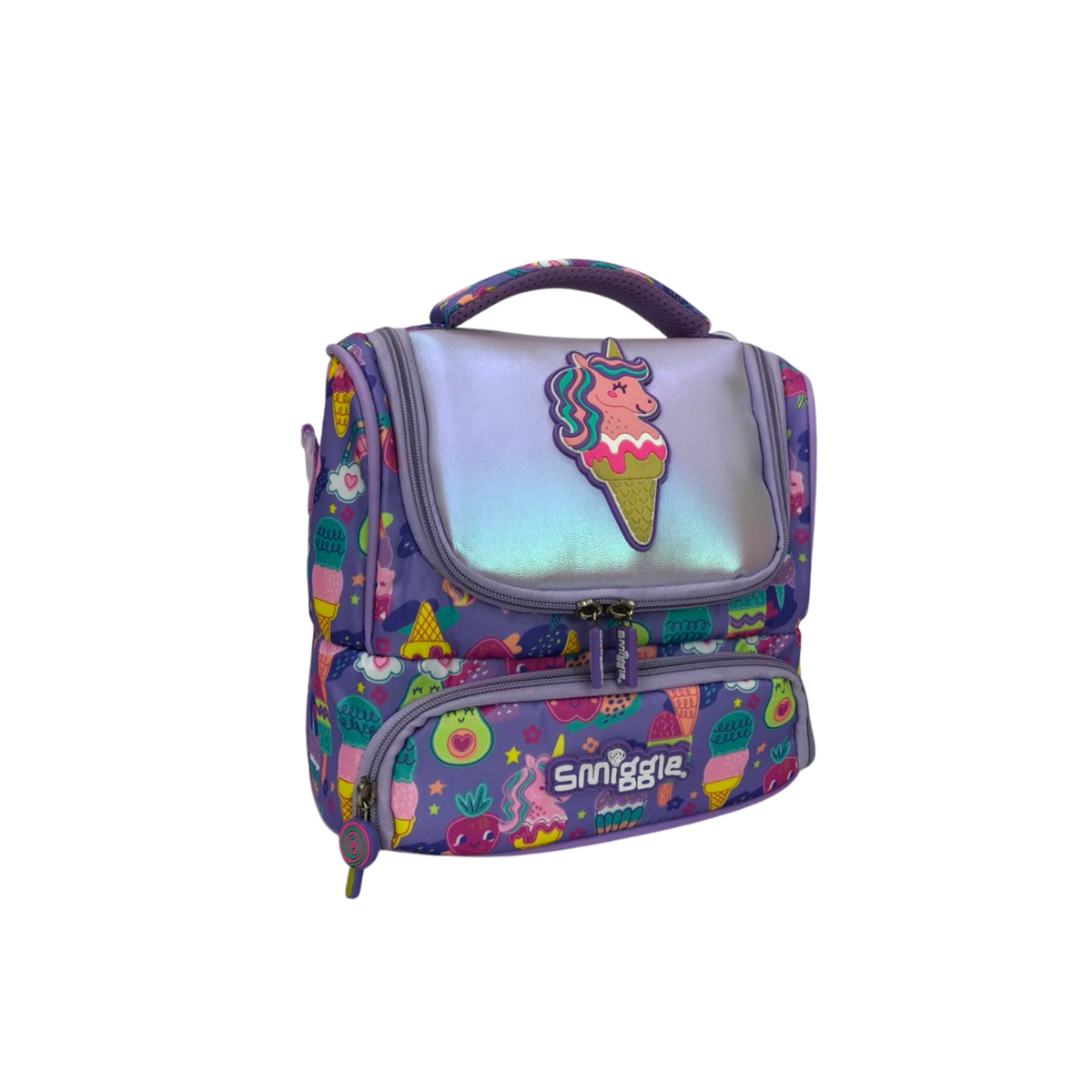 Double-decker lunchbox with unicorn ice cream patch, front flap and zipper pocket, purple-print