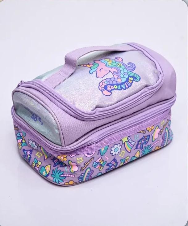Purple unicorn lunch bag with zip top and colorful 'good vibes' print