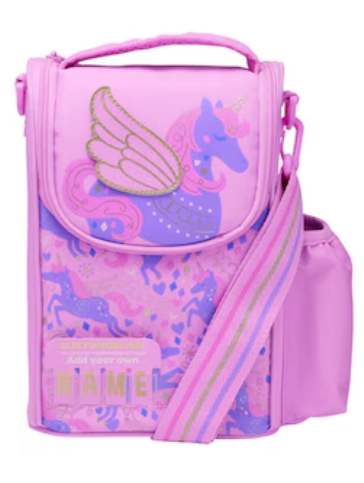 Pink unicorn lunch bag with front graphic, zip top, and adjustable crossbody strap