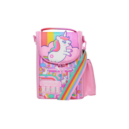 Pink unicorn lunch bag with front flap and rainbow stripe strap