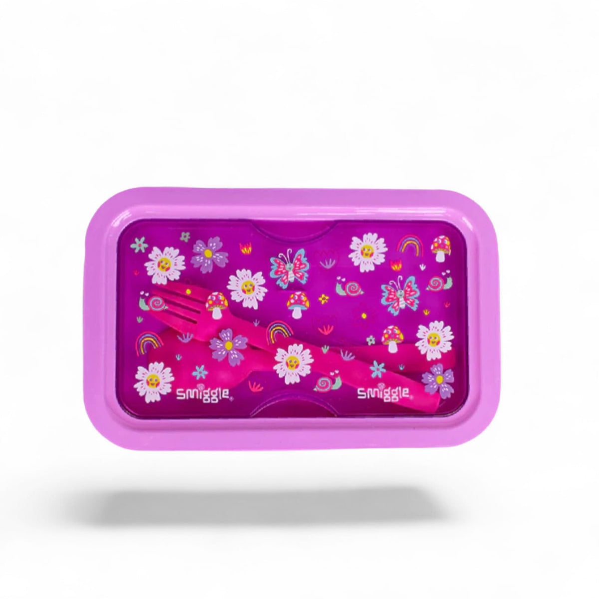 Purple floral lunch box with rounded lid and rainbow graphic, Smiggle logo