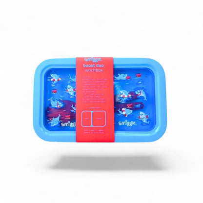 Blue two-compartment lunch box with red center band, cartoon fish graphics