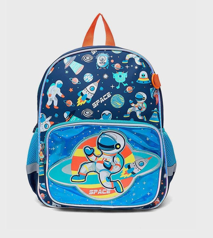Kids space backpack with blue front pocket, orange handle, and astronaut graphics