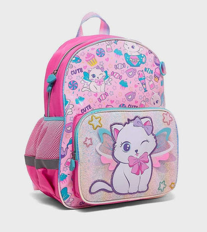 Kids cat backpack in pink with cat face front panel and teal zipper