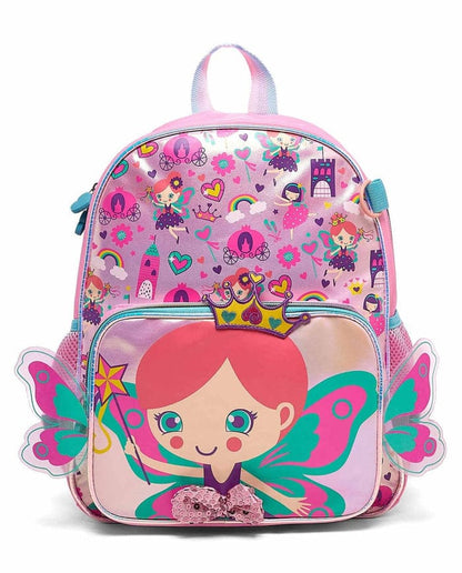 Fairy bunny dream kids backpack with cartoon character front panel, top handle, pink.