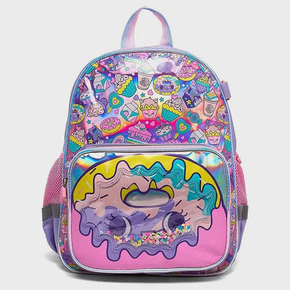 Kids backpack with colorful cartoon dessert print and pink front pocket
