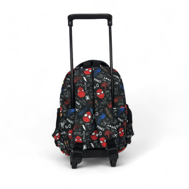 12-inch Spider-themed rolling trolley backpack with character pattern on back panel.