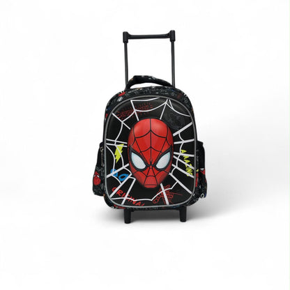 12-inch Spider-themed rolling trolley backpack with top handle and front character face.