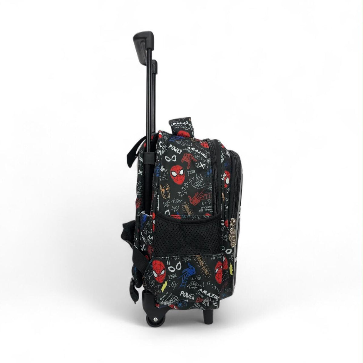 12-inch Spider-themed rolling trolley backpack with extended handle and side pocket.