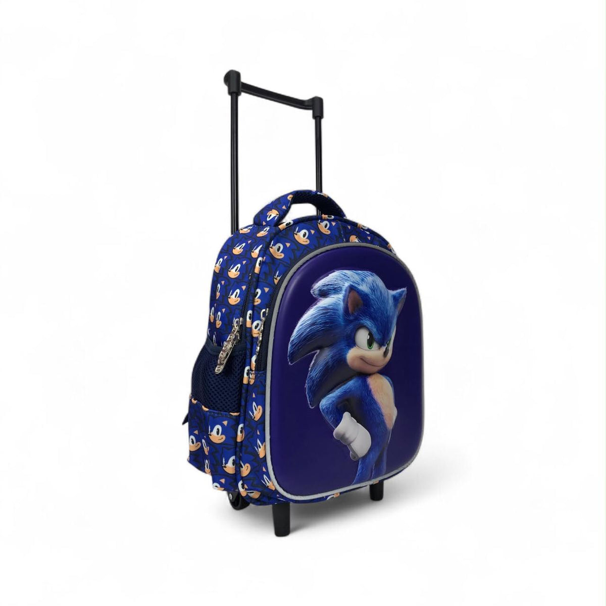 Blue character trolley backpack side view with large front character panel and wheels
