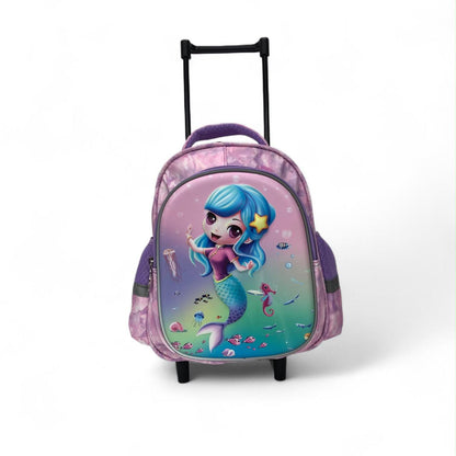 Mermaid character trolley backpack with oval front panel and two front zipper tabs