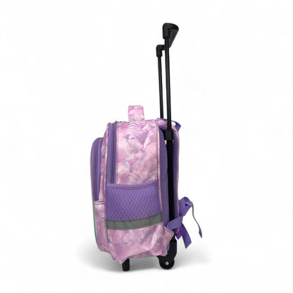 Mermaid trolley backpack side view with telescoping handle, back panel pocket, strap