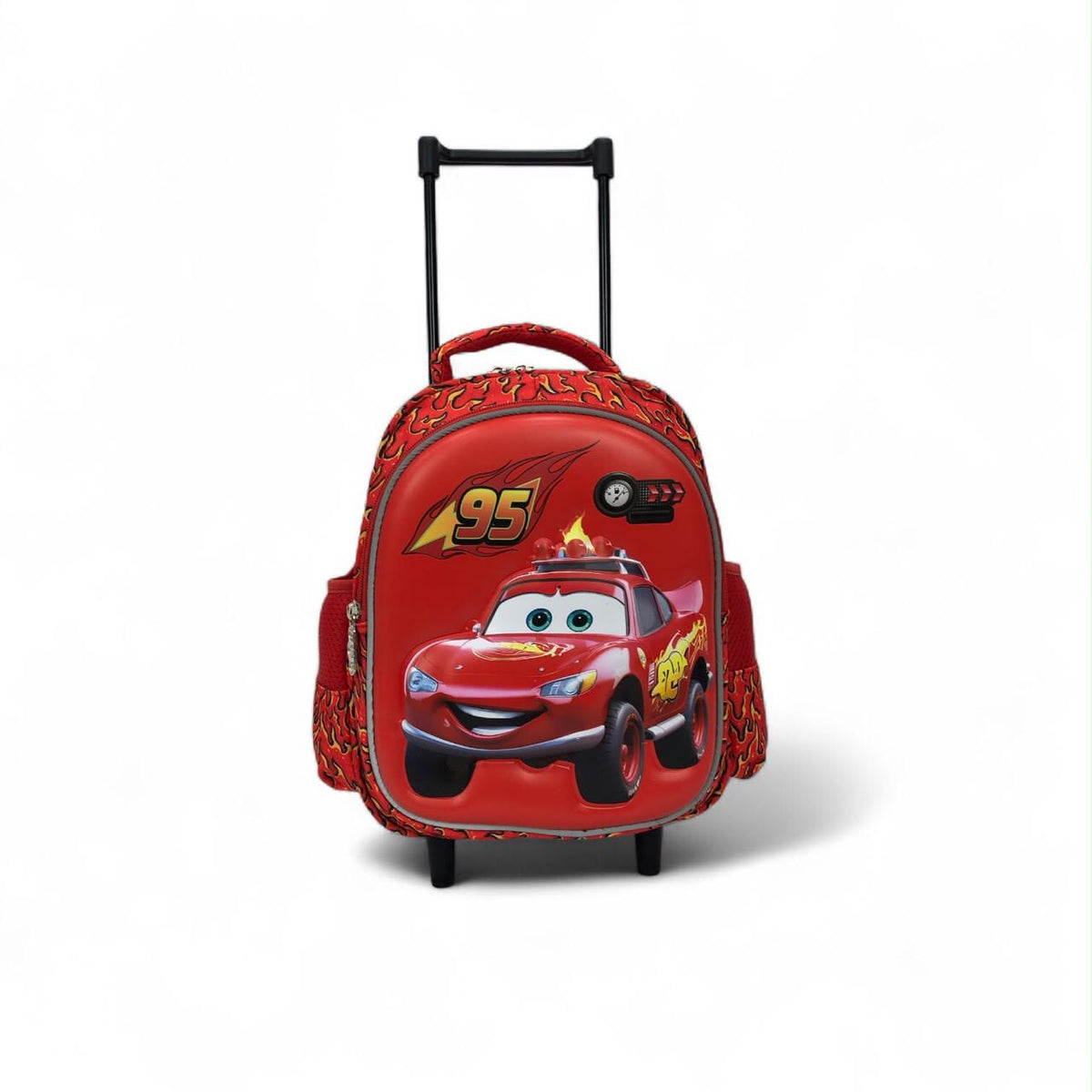 Red Lightning McQueen trolley backpack with front wheels and pull-up handle