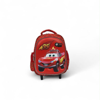 Red Lightning McQueen trolley backpack with character face graphic and side pocket