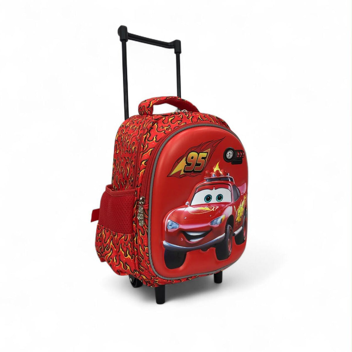Red Lightning McQueen trolley backpack with 95 logo and pull-up handle over wheels