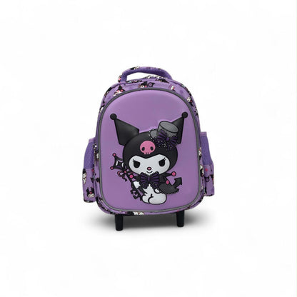 Purple character trolley backpack with front Kuromi cat illustration and small wheels