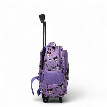 Purple character trolley backpack with back view, upright handle, top carry strap, wheels