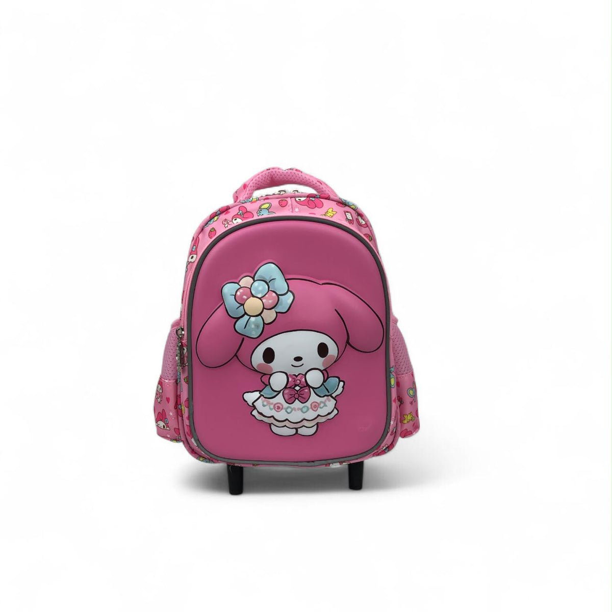 Pink trolley backpack with cute character face graphic and front zipper pocket
