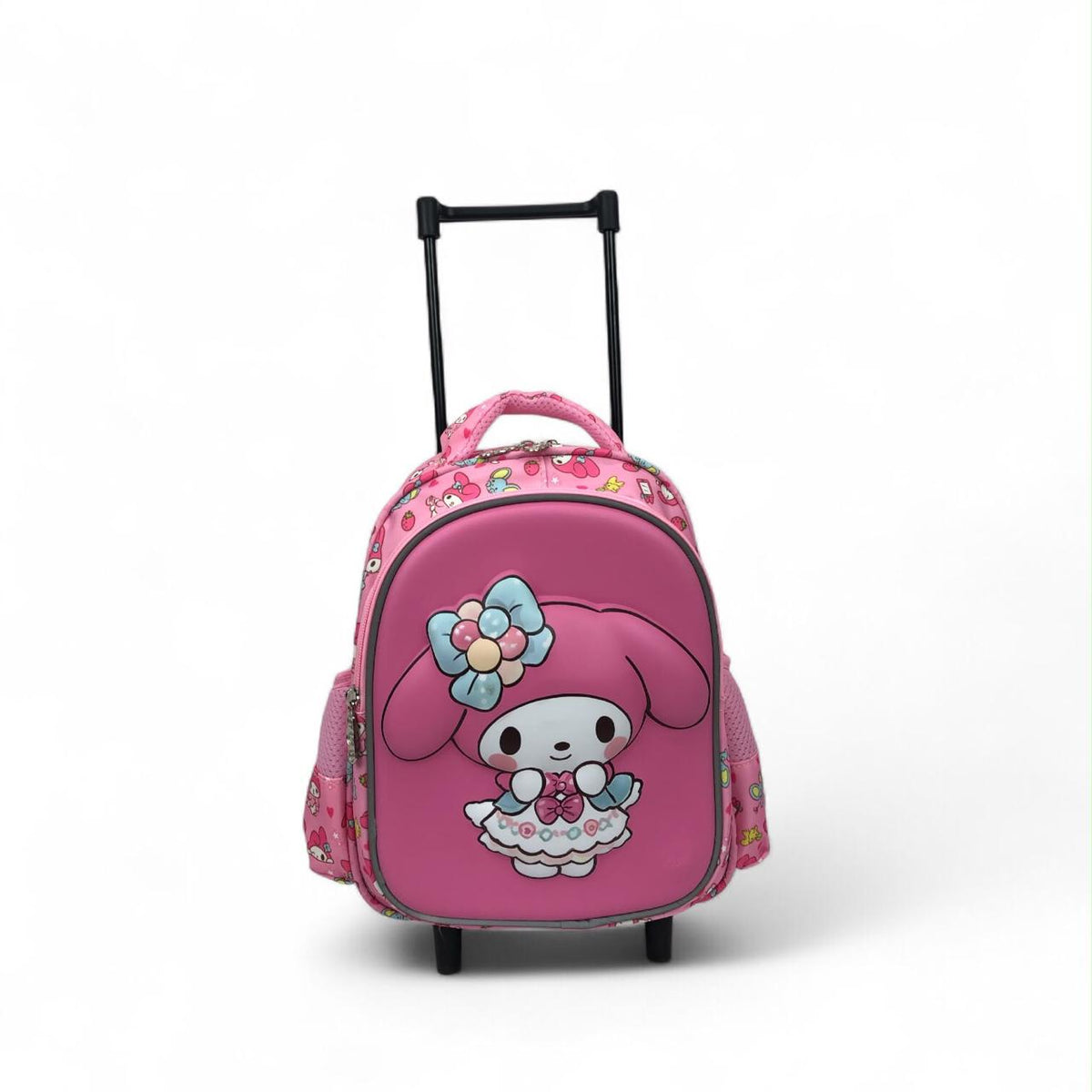 Pink rolling backpack with character face applique on front and telescoping handle