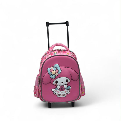 Pink rolling backpack with character face applique on front and telescoping handle