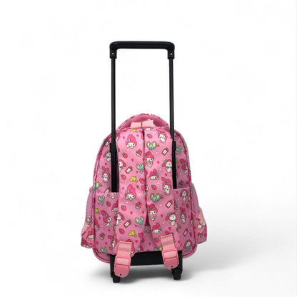 Pink character-pattern trolley backpack with two front straps and telescoping handle