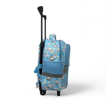 Blue trolley backpack side view with extendable handle and printed fabric