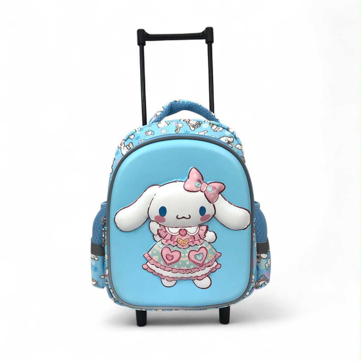 Blue wheeled mini backpack with character front panel and top handle