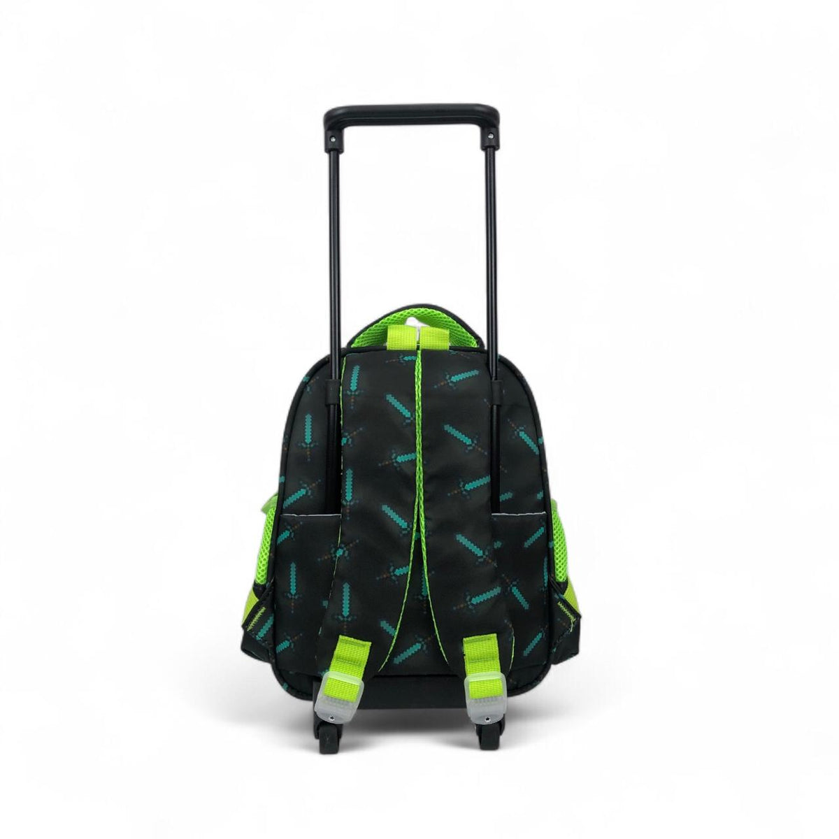 Kids trolley backpack back view with black fabric, neon green straps, and upright handle