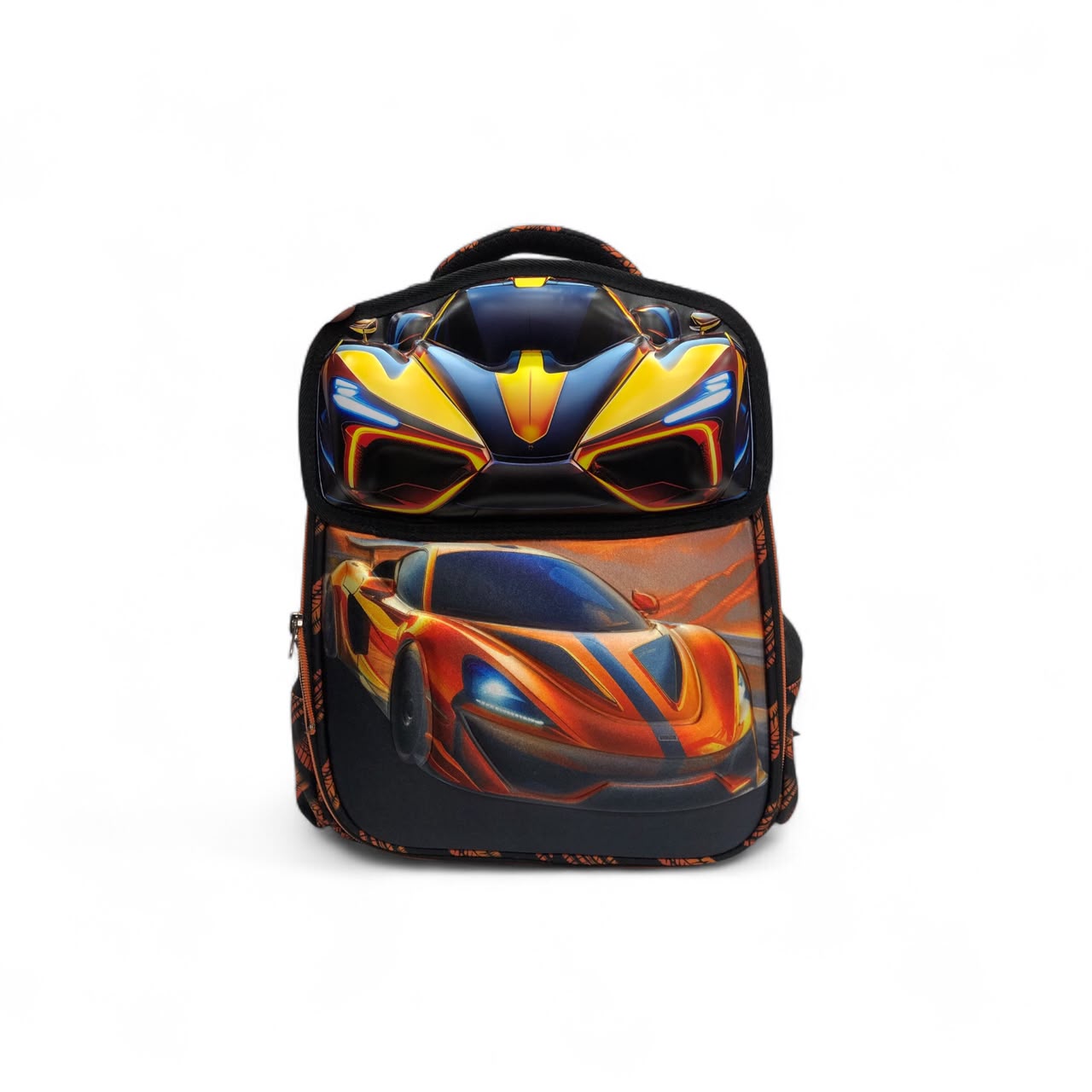 Sports car graphic backpack with large blue and orange car design on front