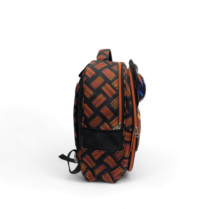 Sports car print backpack, orange and black, side pocket and carry handle