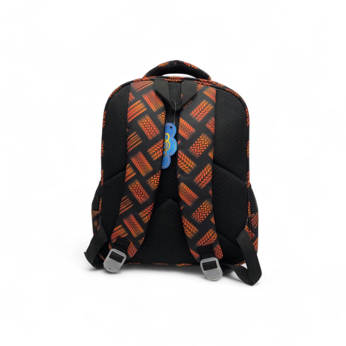 Sports car print backpack, orange and black, padded back, adjustable shoulder straps