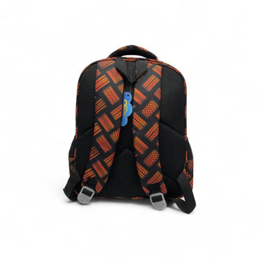 Sports car print backpack, orange and black, padded back, adjustable shoulder straps