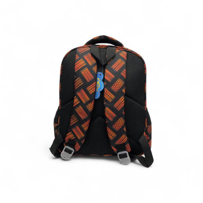 Sports car print backpack, orange and black, padded back, adjustable shoulder straps
