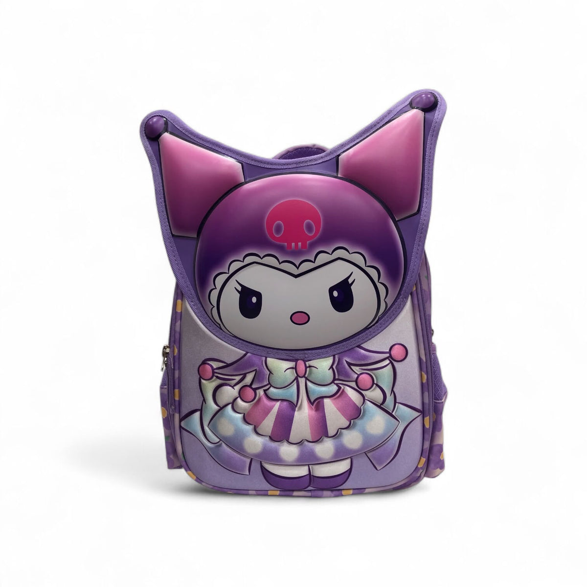 Purple kitty princess backpack front with large cat graphic and pink accents