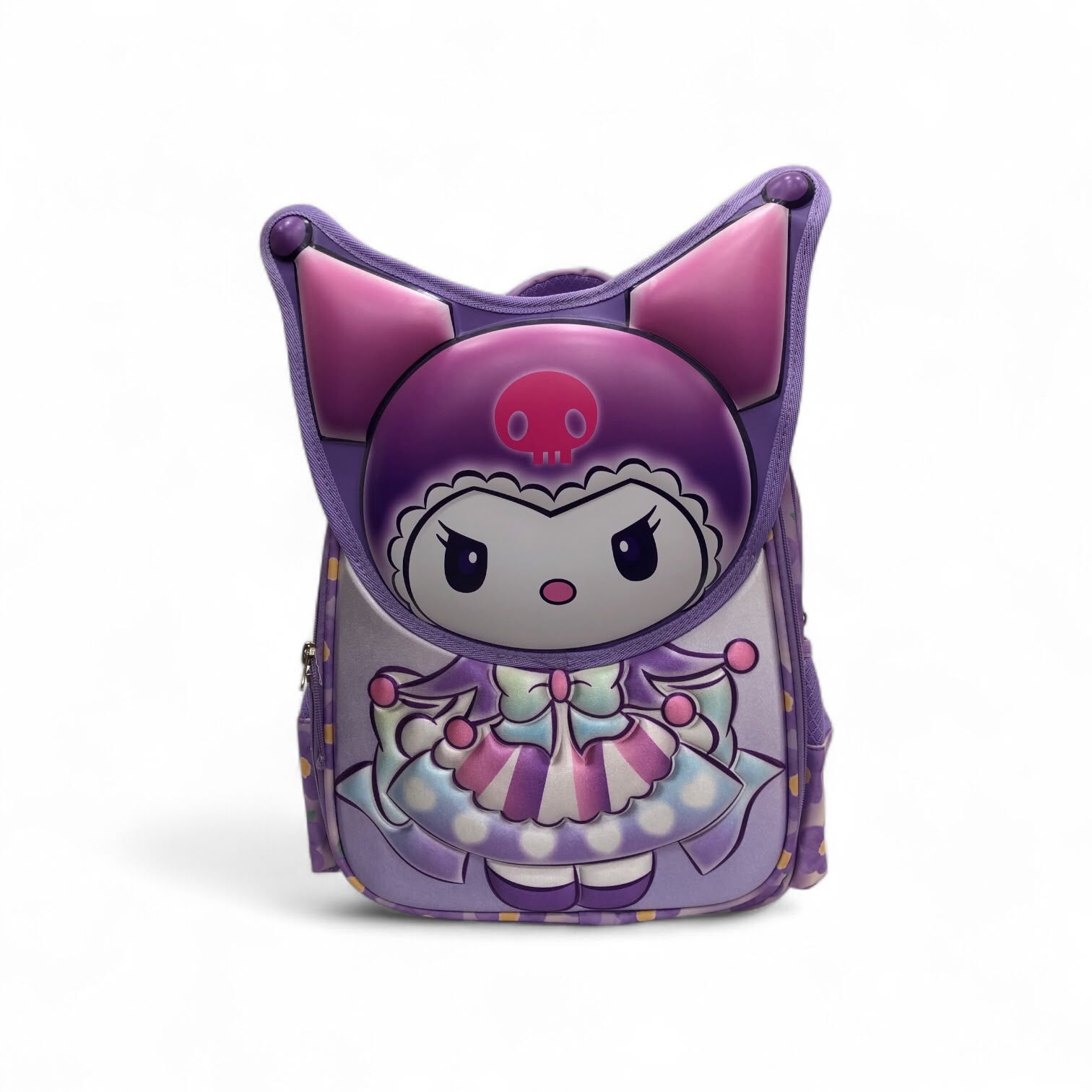 Purple kitty princess backpack front with large cat graphic and pink accents