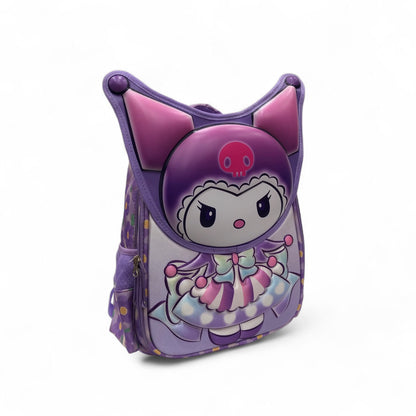 Purple kitty princess backpack with cute character graphic and skull bow