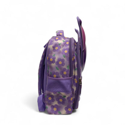 Purple floral backpack side view with zipper pocket and adjustable straps