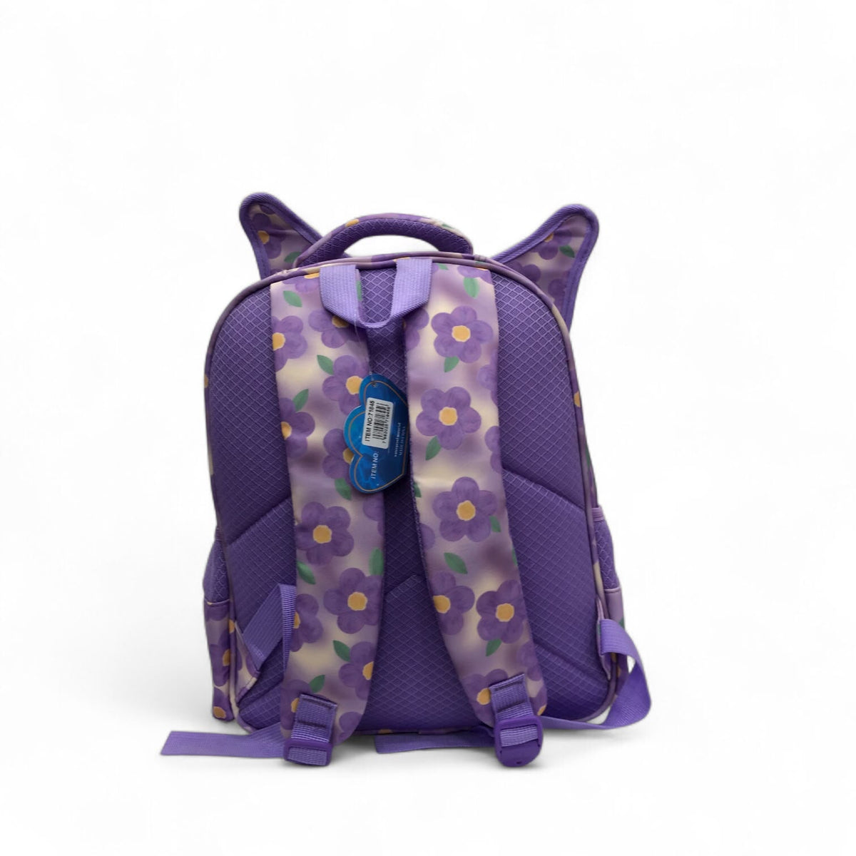 Purple cat-princess backpack with floral pattern and front pocket
