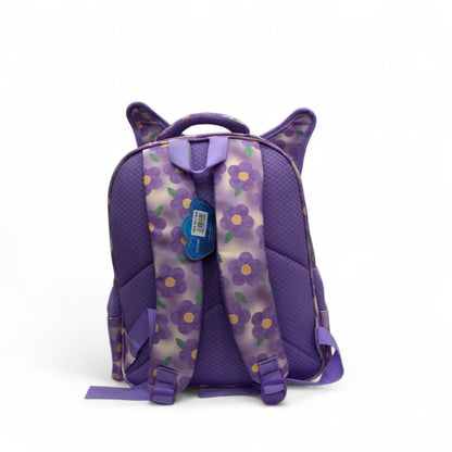 Purple cat-princess backpack with floral pattern and front pocket