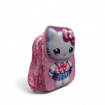 Pink school backpack with cartoon cat character on front, side zipper, and padded straps