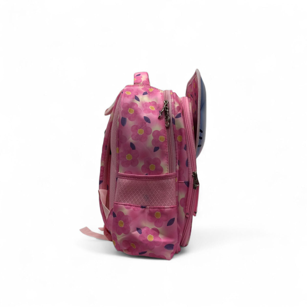 Pink cat-themed school backpack with side pocket, front zipper, and padded shoulder straps