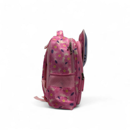 Pink cat-themed school backpack with side pocket, front zipper, and padded shoulder straps