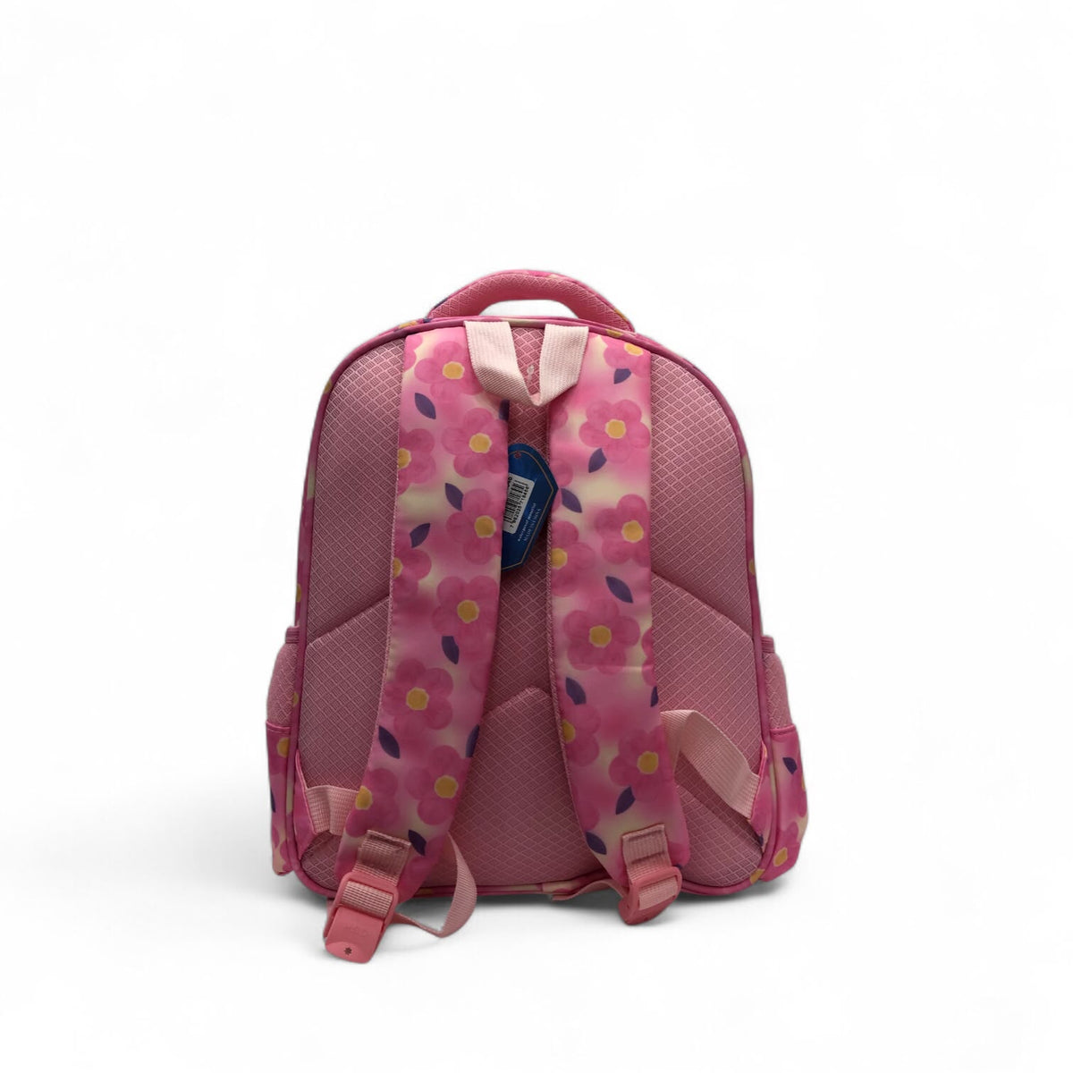 Pink school backpack with bow-shaped cat face, front zip pocket, and adjustable straps