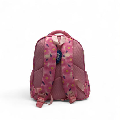 Pink school backpack with bow-shaped cat face, front zip pocket, and adjustable straps
