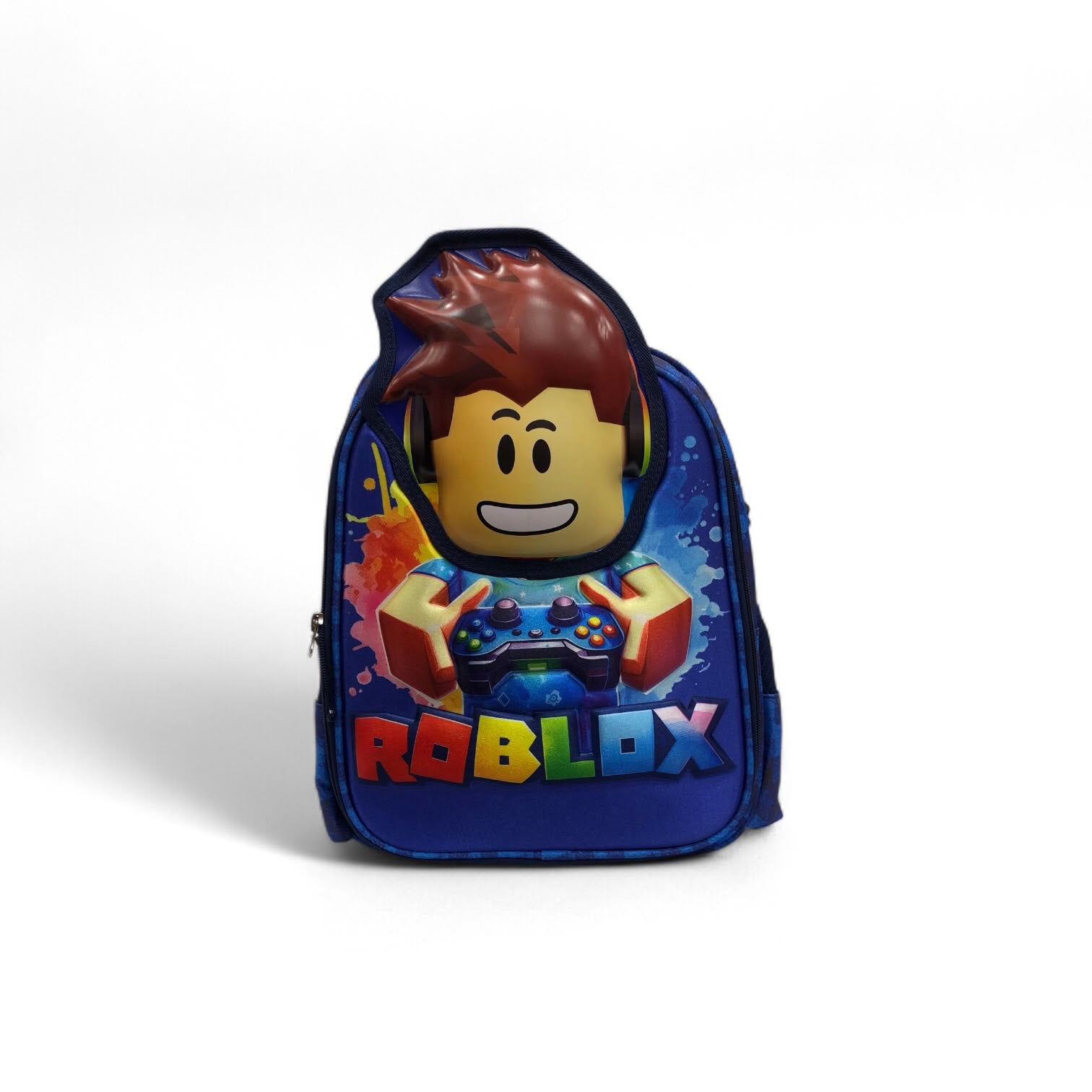 14-inch blue backpack with Roblox character and ROBLOX logo, front zipper pocket