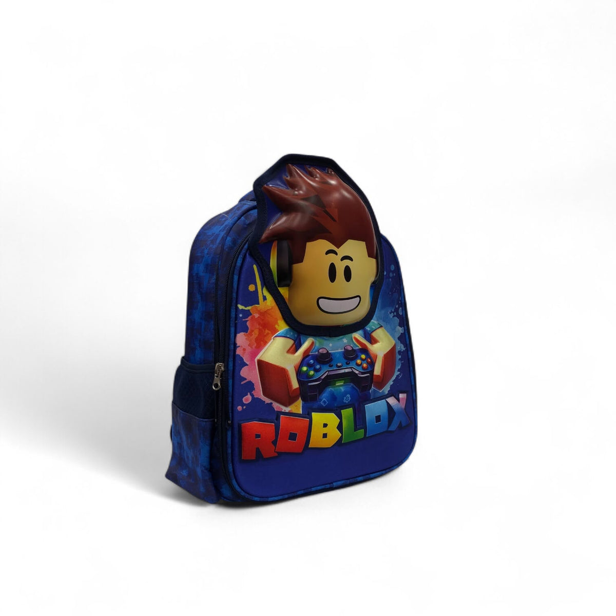 14-inch blue backpack with Roblox character graphic, front zipper, and adjustable straps