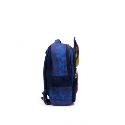 14-inch blue backpack side view with zipper pocket and carry handle
