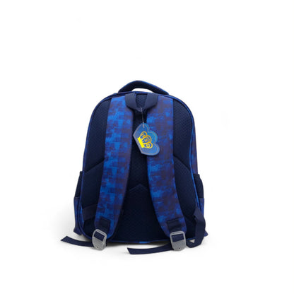 14-inch blue backpack with front zipper pocket, mesh back, and adjustable straps