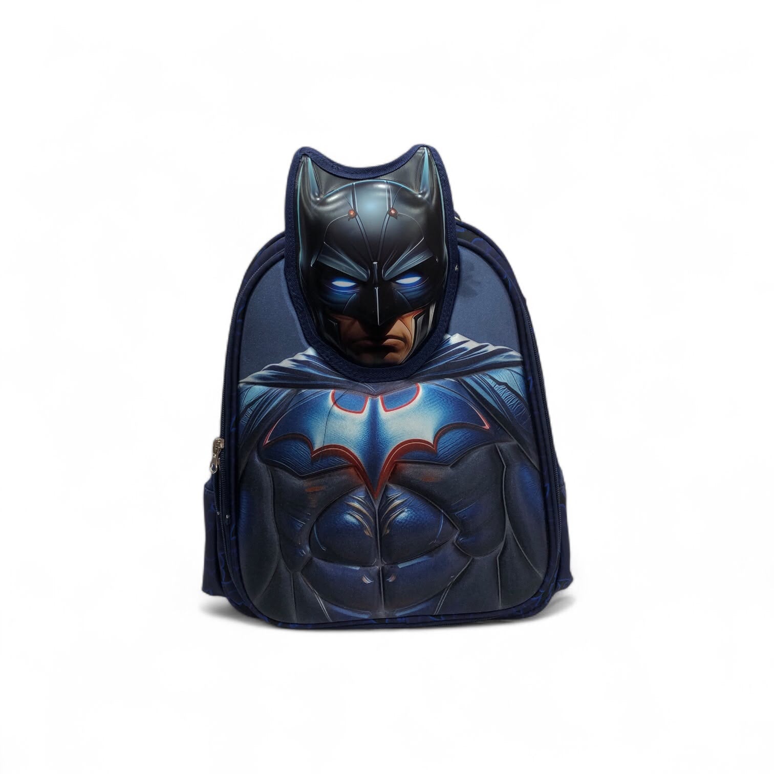 Dark blue Batman backpack with Batman face and suit graphic, front zip pocket