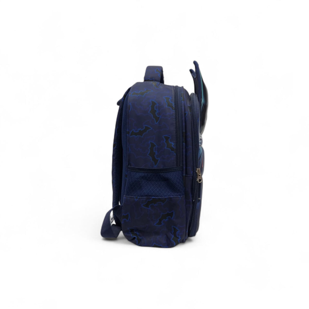 Dark blue Batman backpack side view with zip pocket, adjustable strap, top handle